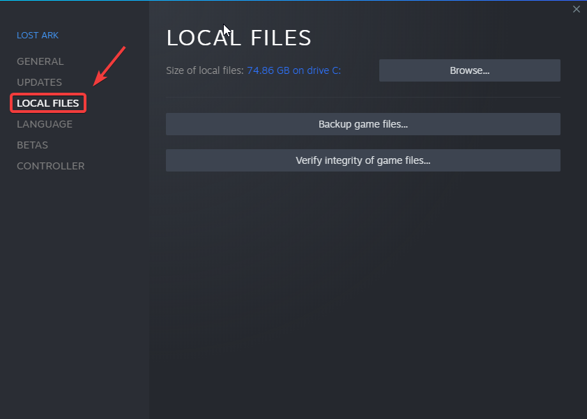 Раздел 'Локальные файлы' в свойствах игры Steam
