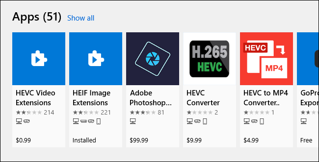 Результаты поиска HEVC в Microsoft Store