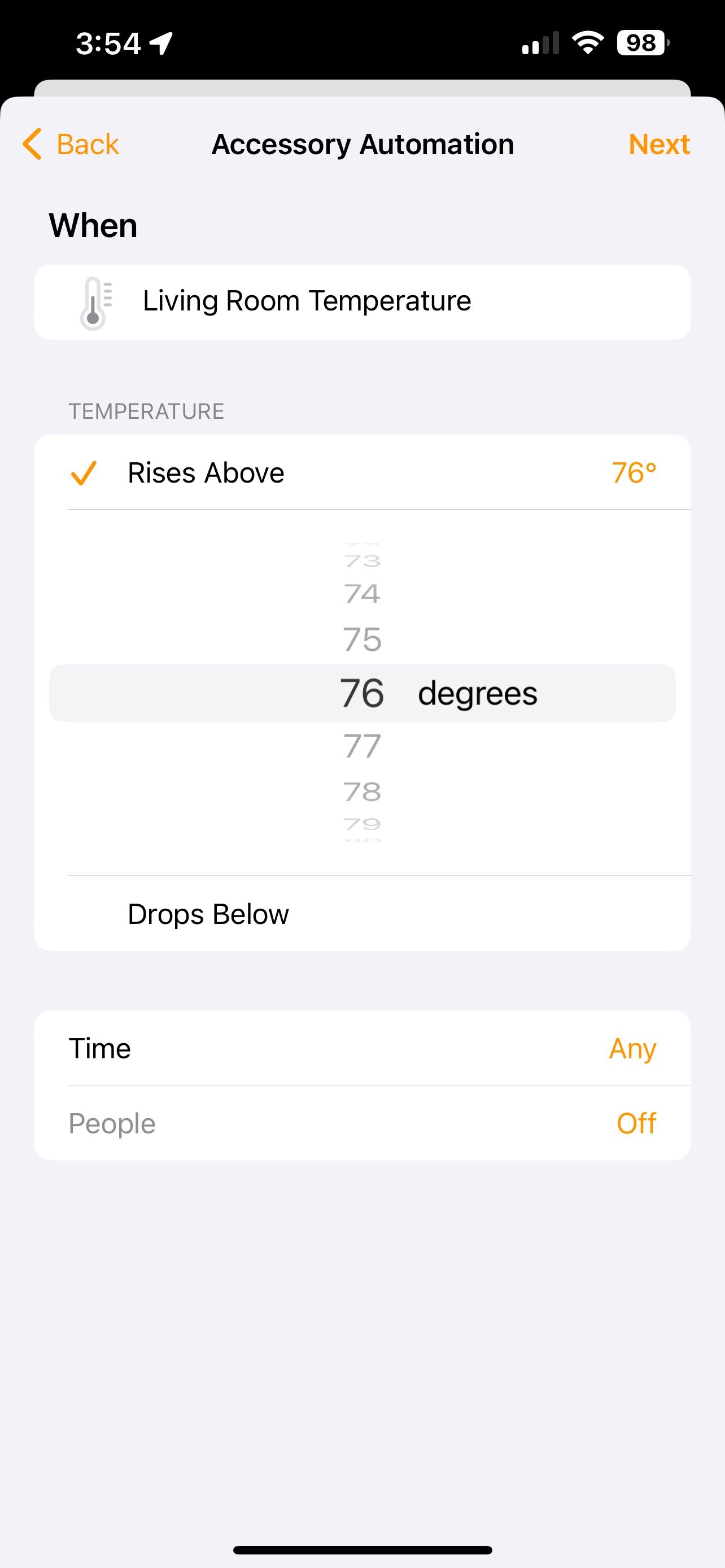 Apple Home App Temperature Sensor Automation Choose Threshold Screen