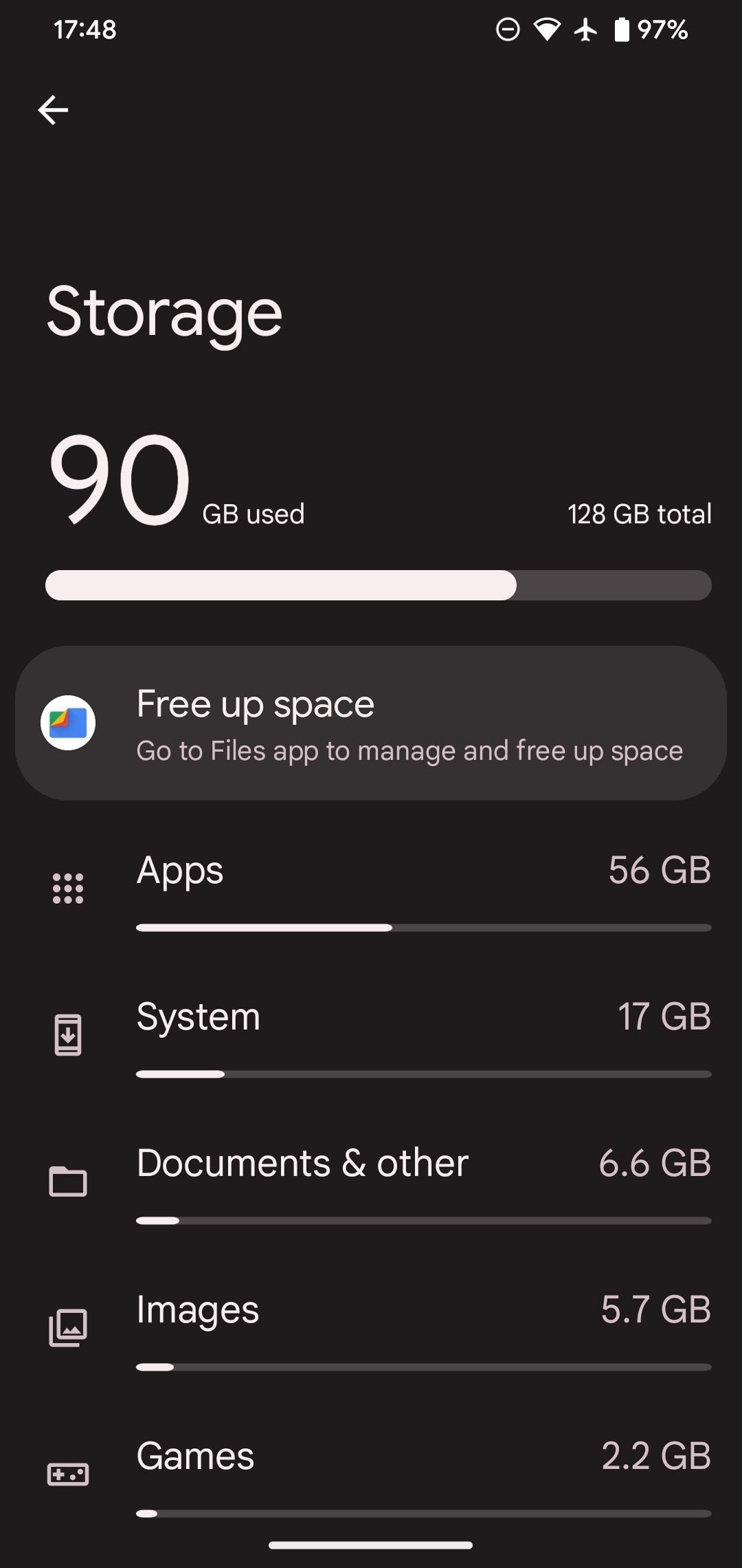 Меню памяти в настройках Android 13