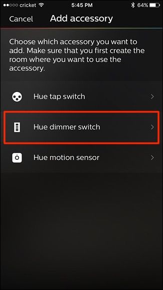 Выбор Hue dimmer switch в списке аксессуаров