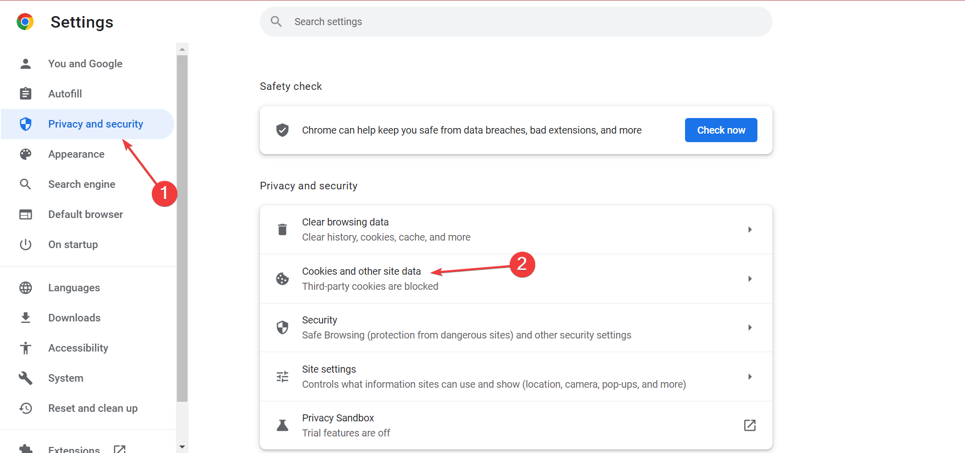 Переход в настройки конфиденциальности и cookie