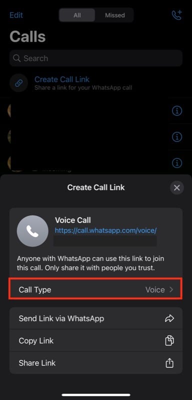 Выбор типа звонка для ссылки WhatsApp