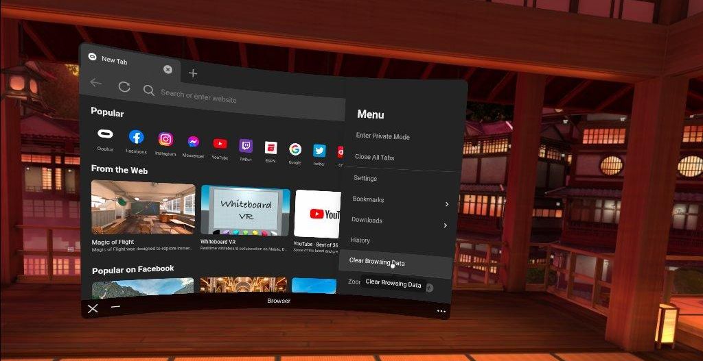 Меню браузера Oculus Quest 2