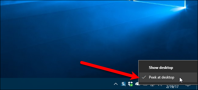 Контекстное меню с опцией просмотреть рабочий стол на панели задач