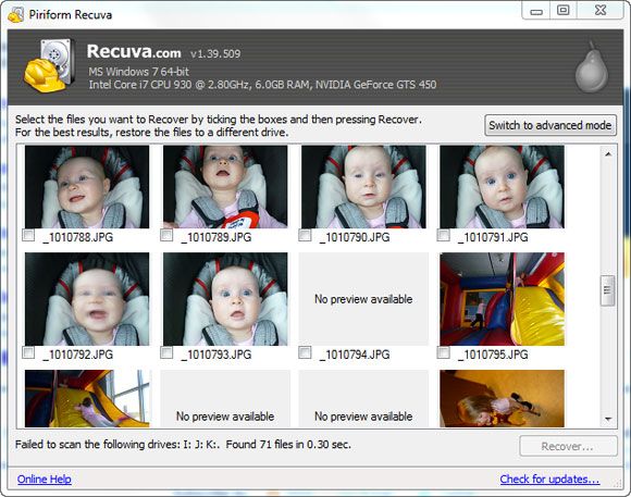 Окно Recuva при сканировании отформатированного диска