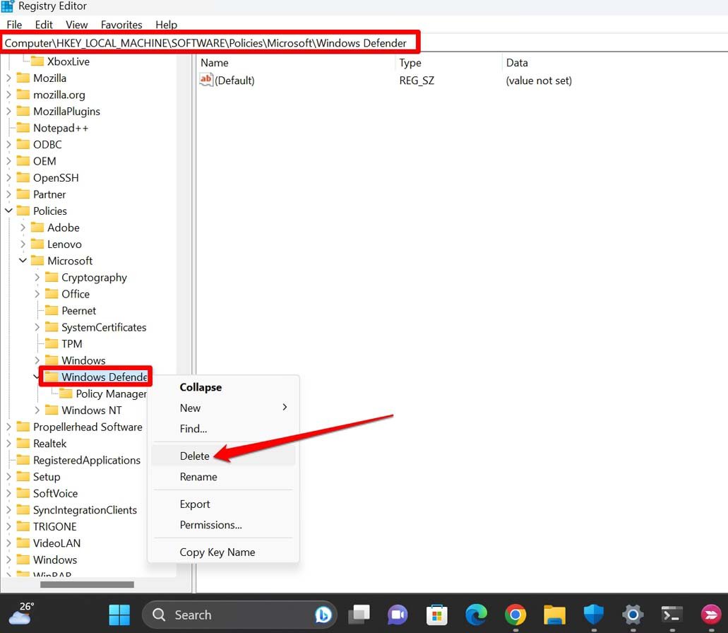 레지스트리에서 Windows Defender 키 삭제 화면