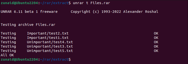 Терминал Linux, показывающий проверку целостности файлов в RAR архиве