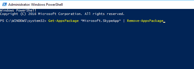 Команда PowerShell для удаления Skype