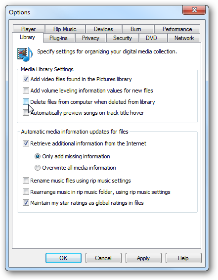 Отключить удаление файлов с диска