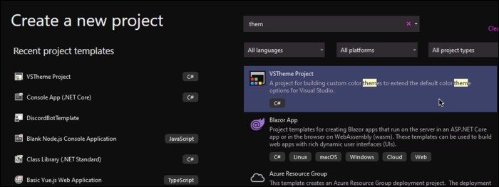 Создание нового проекта VSTheme в дизайнере