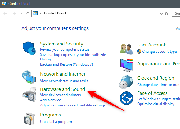 Выбор раздела «Оборудование и звук» в Панели управления