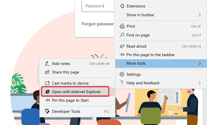 Опция открытия страницы в Internet Explorer в меню Edge