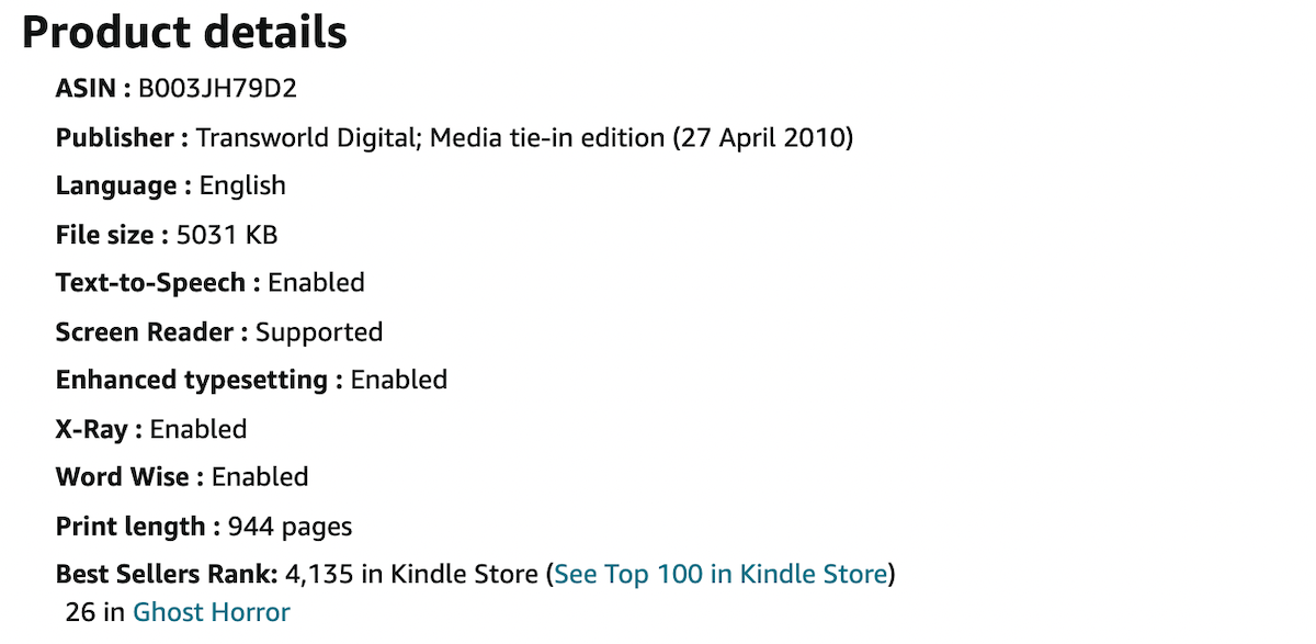Раздел «Информация о товаре» на странице Kindle-версии книги.