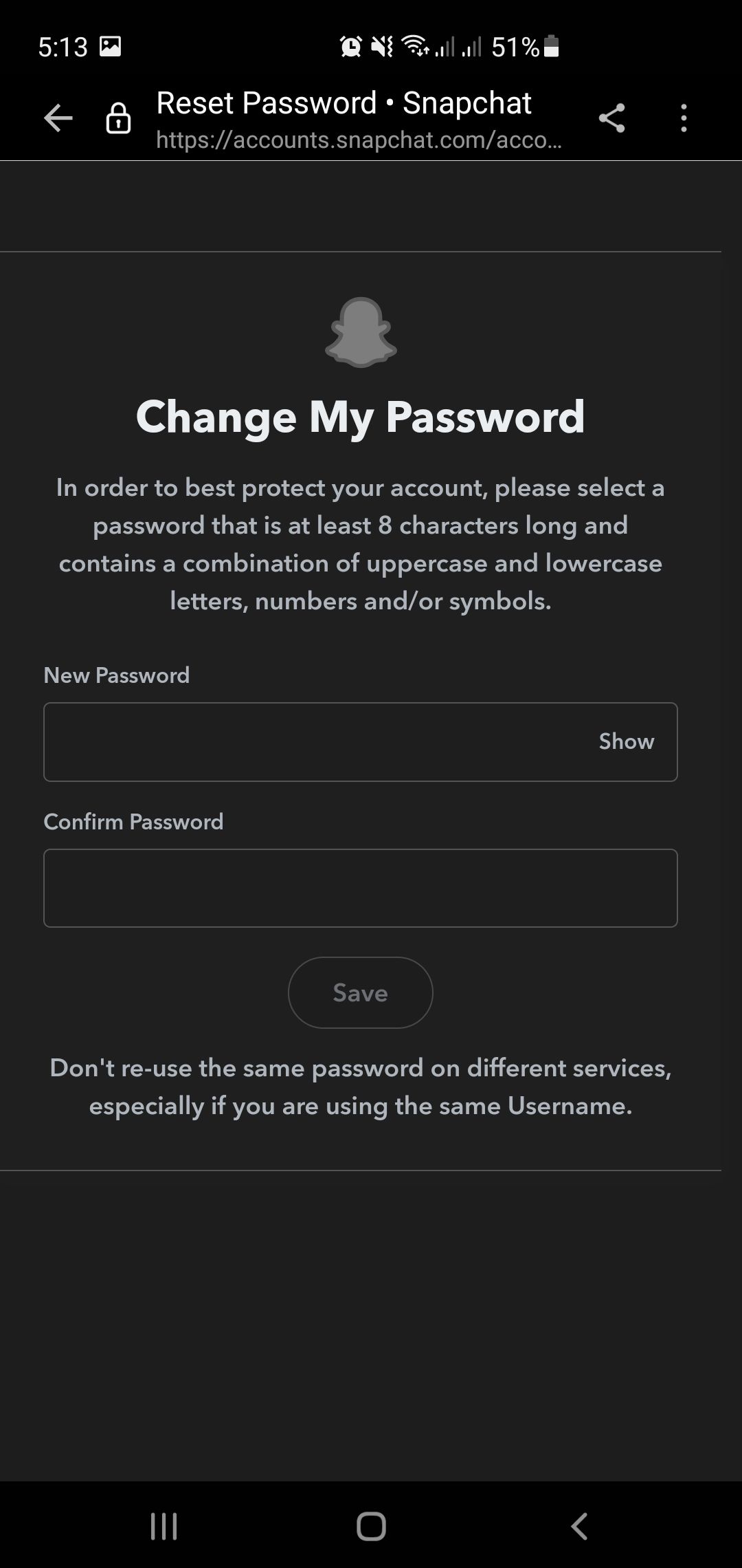 Страница смены пароля в приложении Snapchat