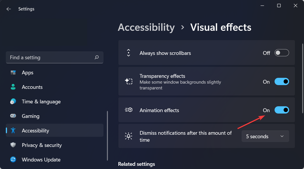 Переключатель анимационных эффектов в настройках Windows 11