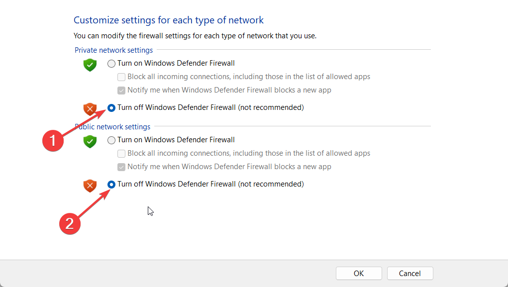 Выбор отключения брандмауэра для публичной и частной сети