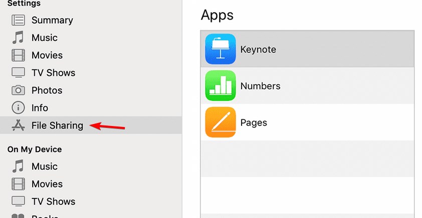Раздел «Обмен файлами» в iTunes со списком приложений