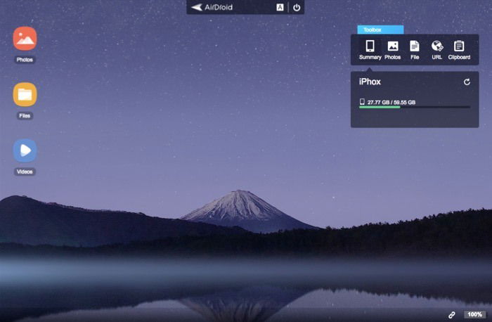 Веб‑интерфейс AirDroid в браузере на компьютере с панелью инструментов