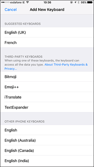 Меню выбора новой клавиатуры в iOS — выбор языка