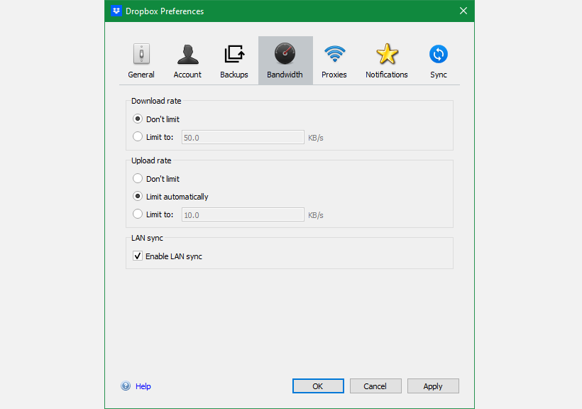 Ограничение пропускной способности Dropbox в Windows 10
