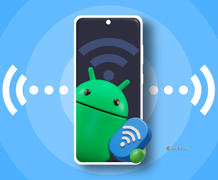 3D‑маскот Android выходит из экрана смартфона, держа иконку Wi‑Fi, на синем фоне с волнами сигнала.