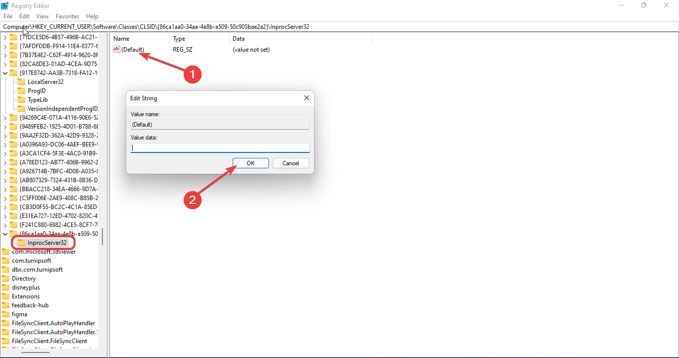 Пустое значение Default для InprocServer32