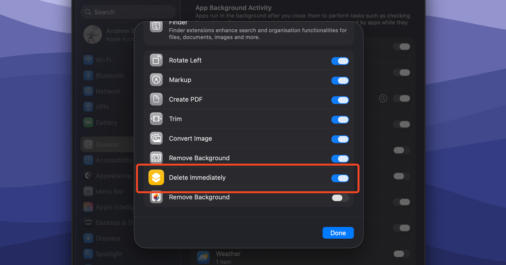 Включение команды в настройках Быстрых действий