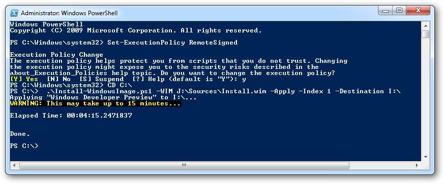 Уведомление об успешном применении образа в VHD, скрипт завершил работу