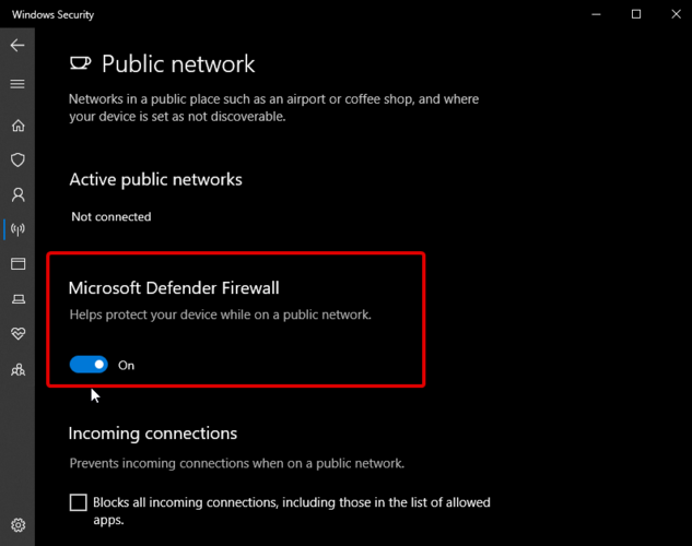 Отключение брандмауэра Windows