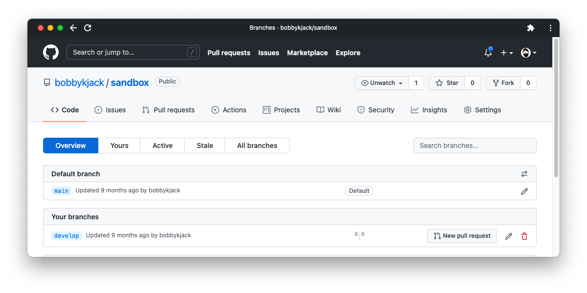 Сайт GitHub с перечнем веток проекта