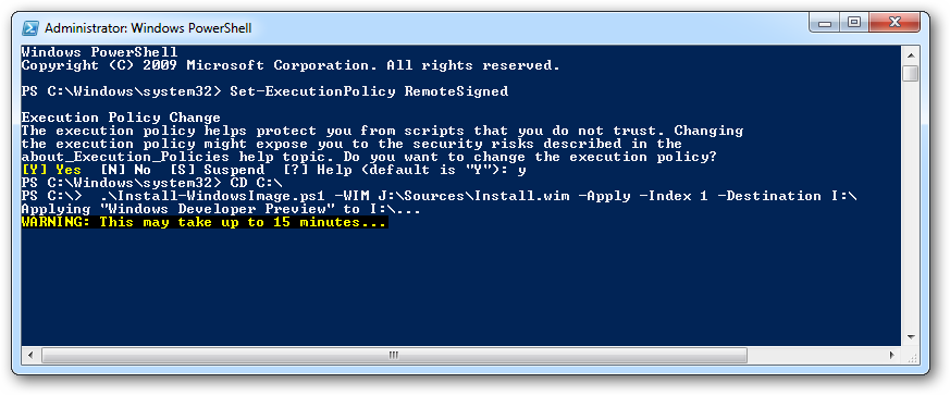 Выполнение скрипта Install-WindowsImage.ps1 для развёртывания WIM в VHD