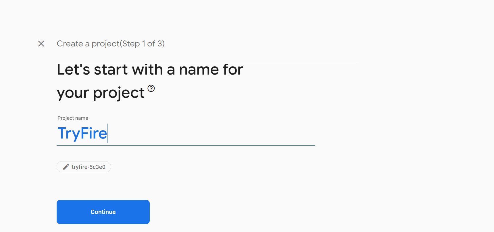 Шаги создания проекта Firebase: ввод названия и продолжение
