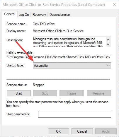 Réactivation du service Click-to-Run avec type de démarrage Automatique