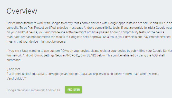 Окно ввода Framework Android ID для регистрации устройства