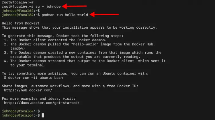 Запуск hello-world с помощью Podman