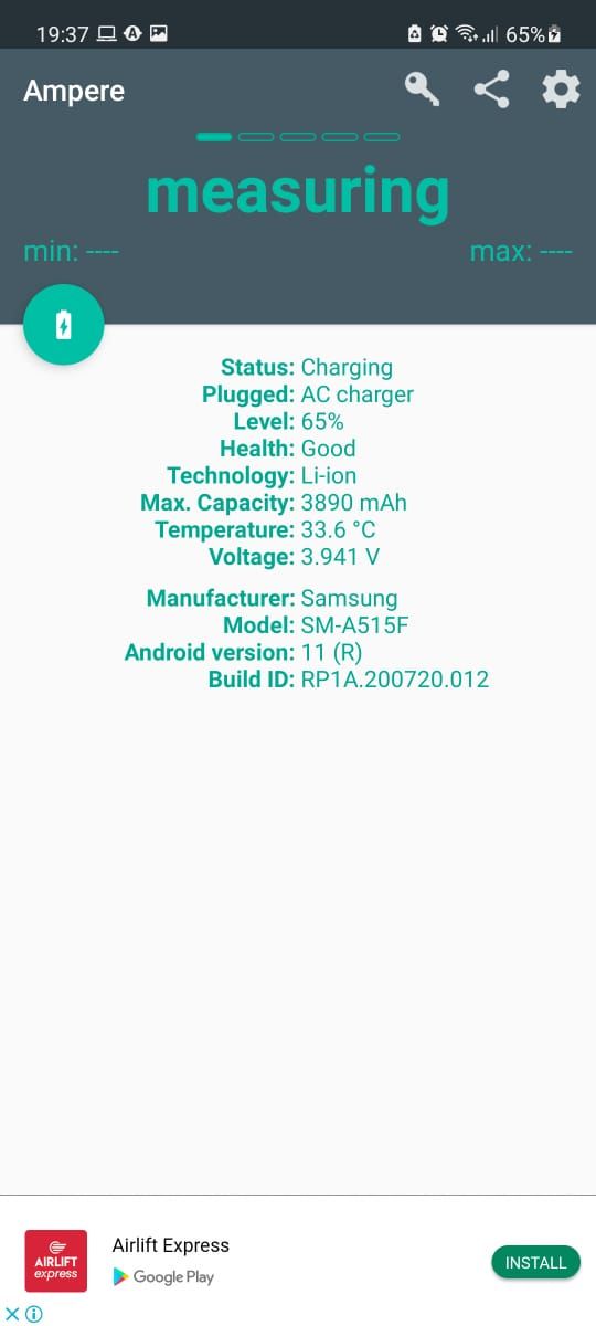 Приложение Ampere показывает измерение тока при зарядке