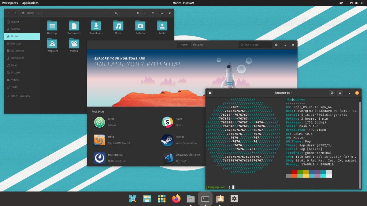 Рабочий стол Pop!_OS с приложениями