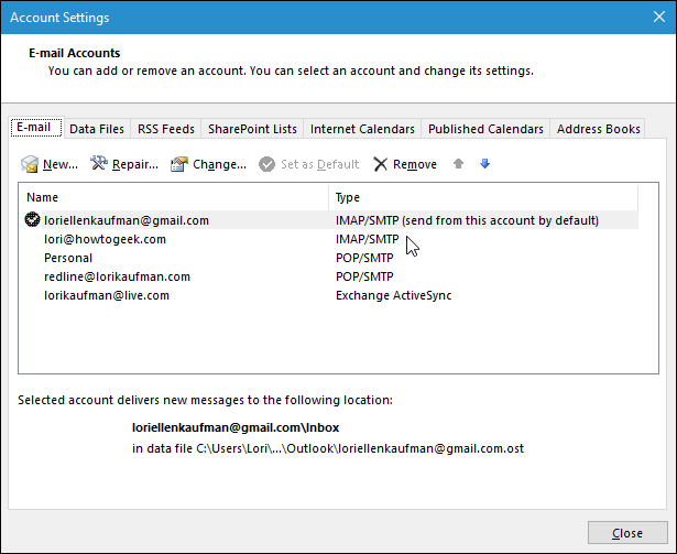 Список типов почтовых аккаунтов в настройках Outlook