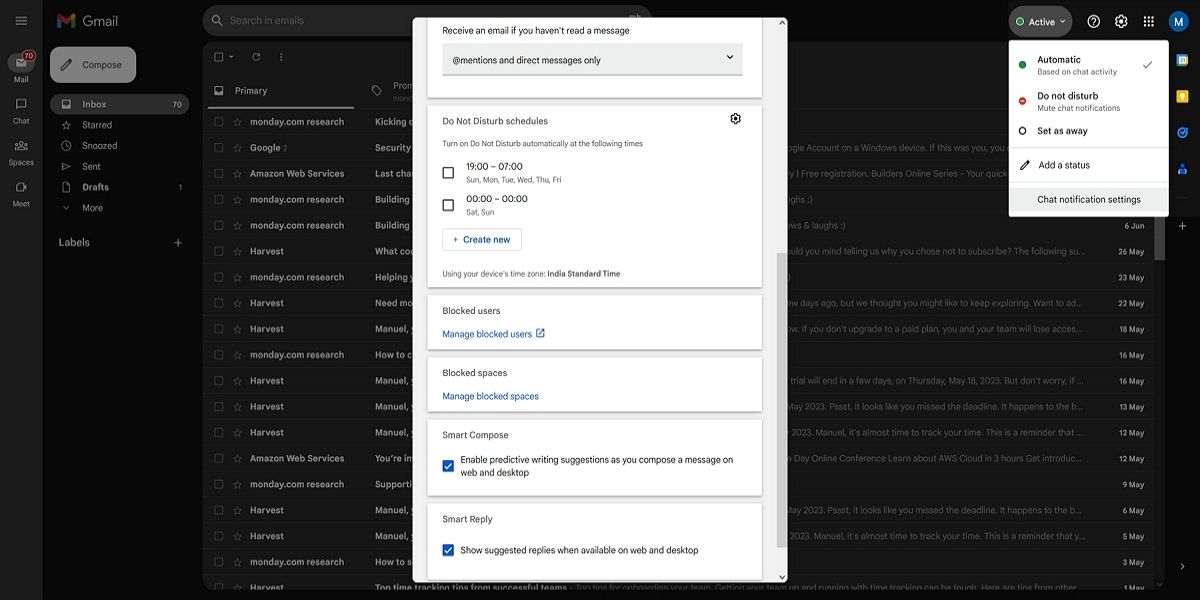 Настройки уведомлений Google Chat в Gmail