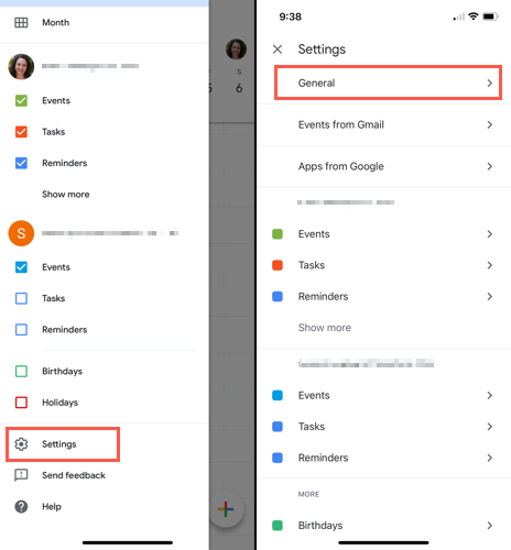 Настройки, Общие в мобильном приложении Google Календарь