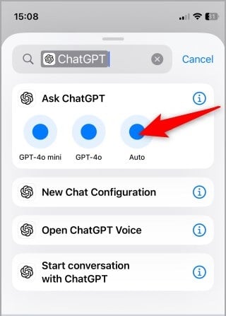 Выбор режима ChatGPT Auto в Shortcuts