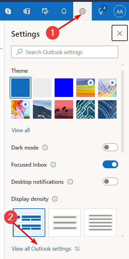 Иконка настроек Outlook Web — открыть параметры