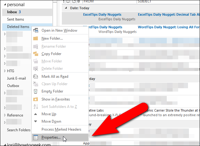 Выбор Свойств папки Outlook через контекстное меню