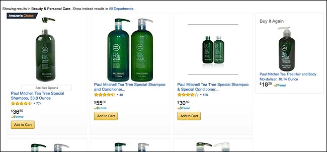 Результаты поиска товара на Amazon в браузере