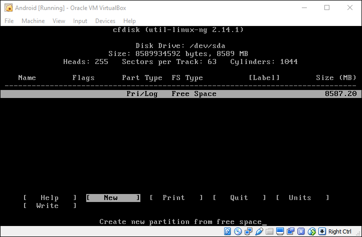 Создание нового раздела в утилите дисков Android-x86