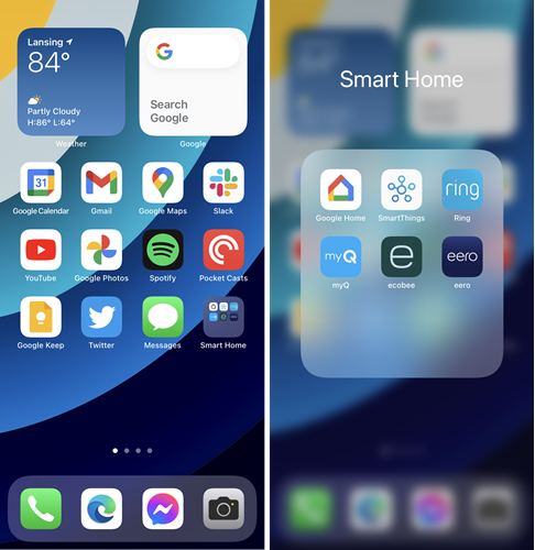 Главный экран iPhone с иконками и виджетами.