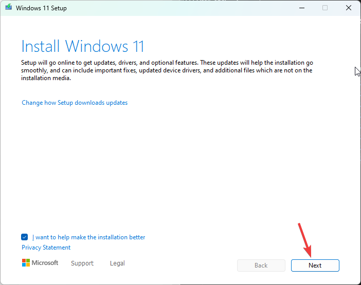 Окно установки Windows 11: кнопка Далее