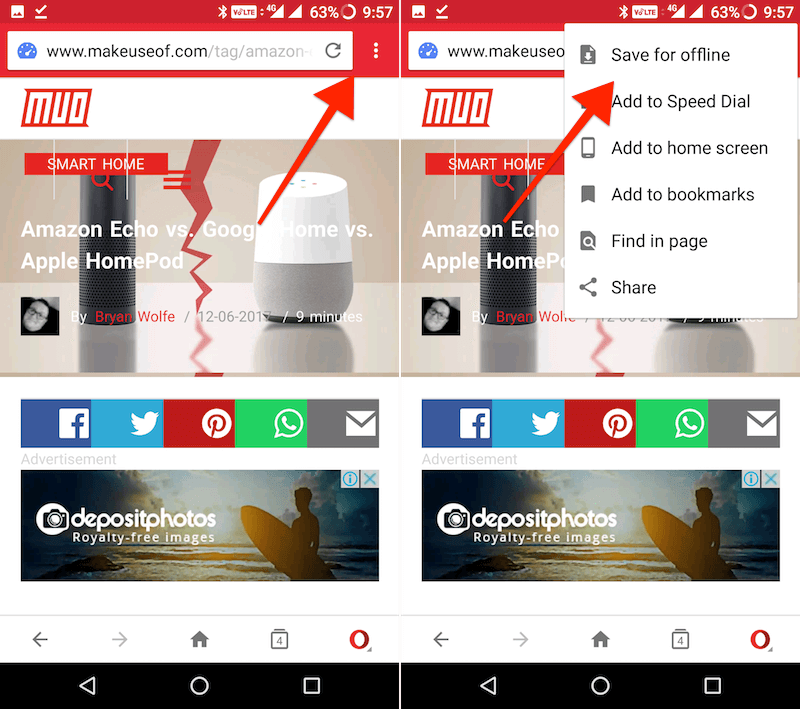 Кнопка Сохранить для офлайн в Opera Mini