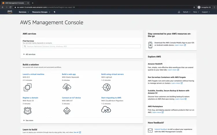 Главная панель AWS Management Console с сервисами